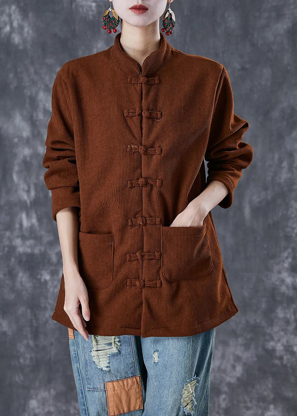 Handmade Chocolate Chinese Button Warm Fleece Corduroy Jacket Winter Ada Fashion