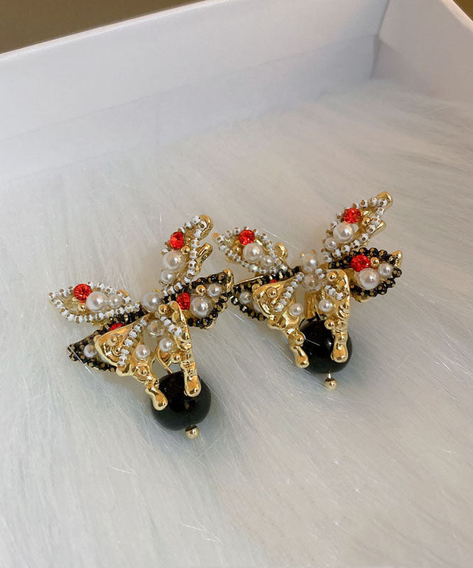 Handmade Copper Zircon Pearl Butterfly Stud Earrings Ada Fashion