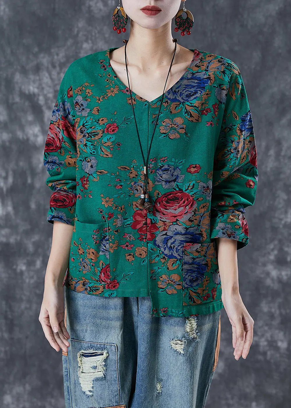 Handmade Green Asymmetrical Print Linen Shirt Tops Fall Ada Fashion