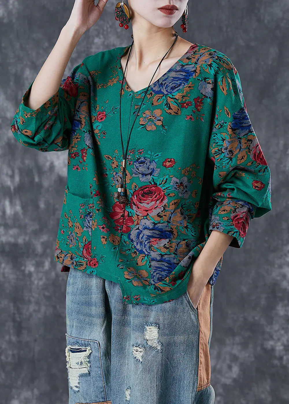 Handmade Green Asymmetrical Print Linen Shirt Tops Fall Ada Fashion