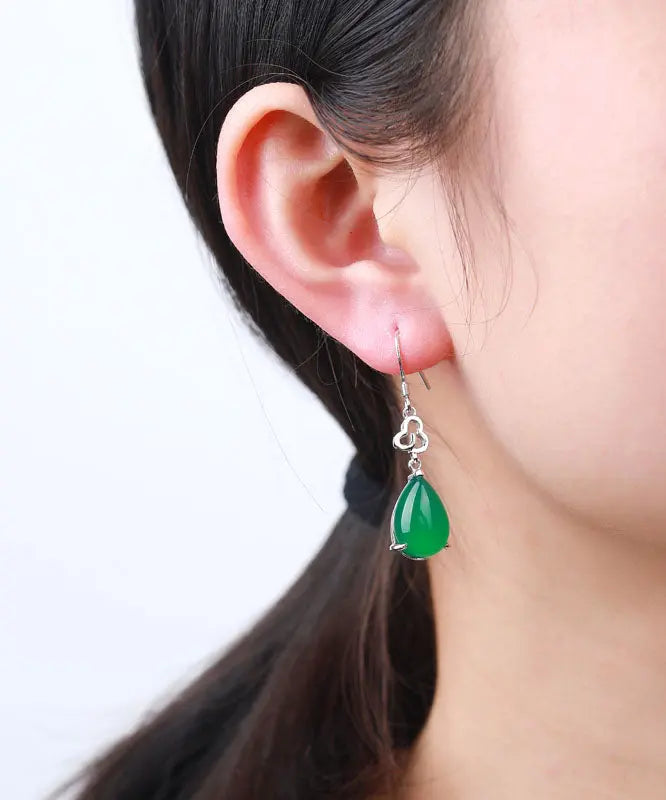 Handmade Green Sterling Silver Chalcedony Water Drop Drop Earrings Ada Fashion