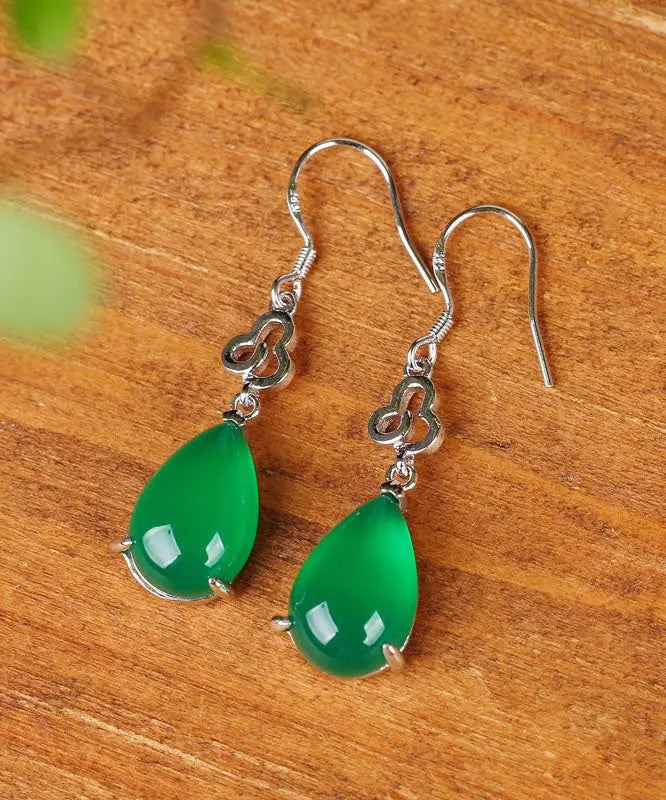 Handmade Green Sterling Silver Chalcedony Water Drop Drop Earrings Ada Fashion