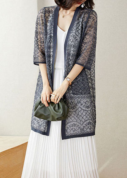 Handmade Grey V Neck Pockets Patchwork Lace Cardigan Summer Ada Fashion