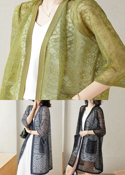 Handmade Grey V Neck Pockets Patchwork Lace Cardigan Summer Ada Fashion