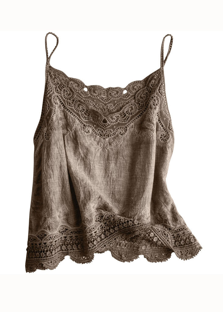 Handmade Khaki Hollow Out Patchwork Thin Lace Tank Sleeveless Ada Fashion