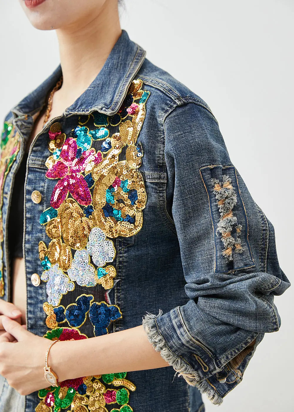 Handmade Navy Sequins Denim Ripped Coats Fall Ada Fashion