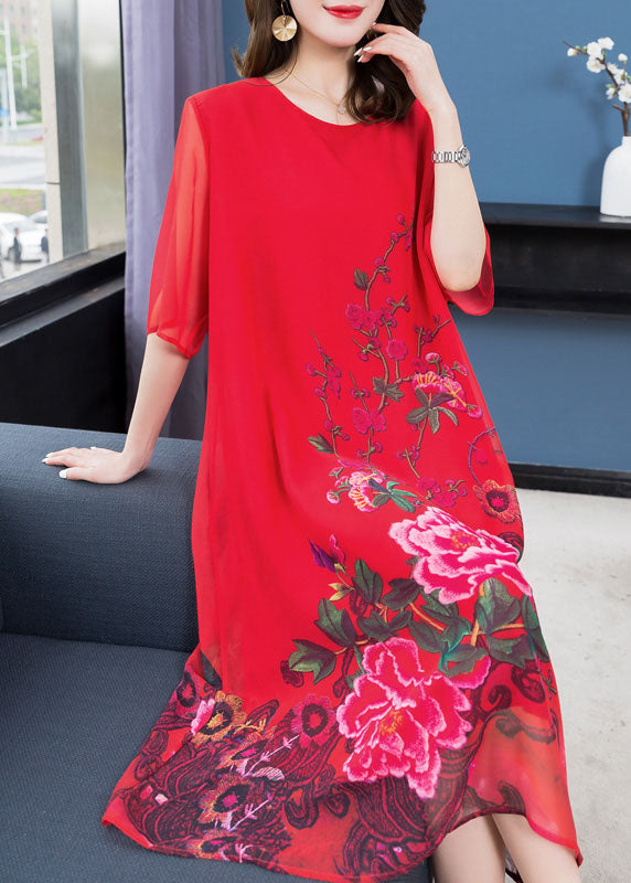 Handmade Red O Neck Floral Patchwork Chiffon Dress Summer Ada Fashion