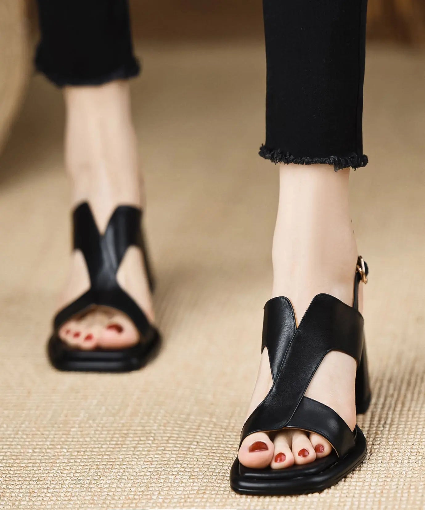 Handmade Splicing Buckle Strap Chunky Sandals Black Faux Leather Ada Fashion