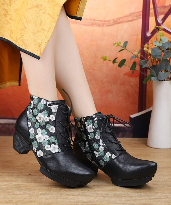 Cross Strap Chunky Boots Black Embossed