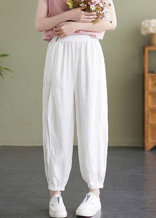 Handmade White Elastic Waist Solid Beam Pants Summer LY4642