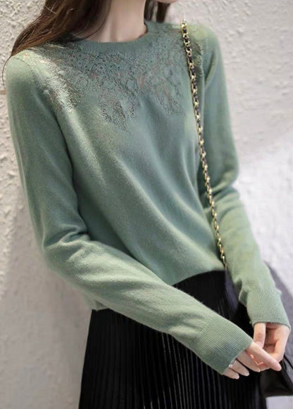Beige O Neck Hollow Out Patchwork Stricktop Herbst