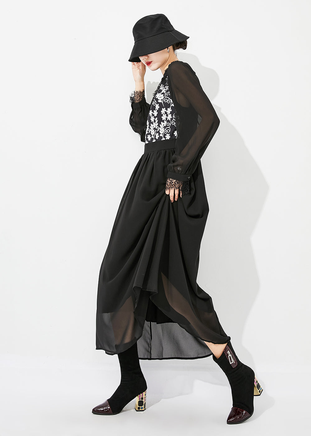 Italian Black Stand Collar Patchwork Exra Large Hem Chiffon Vacation Dresses Spring LY0885