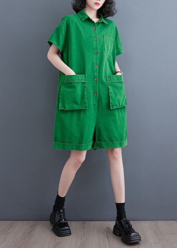 Italian Green Pockets Patchwork Denim Shorts Jumpsuits Summer LY5671