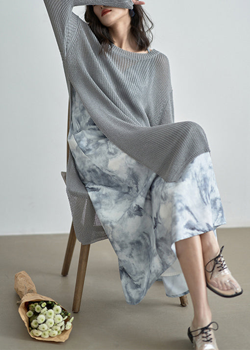 Grey O Neck Side Open Patchwork Knit Dress