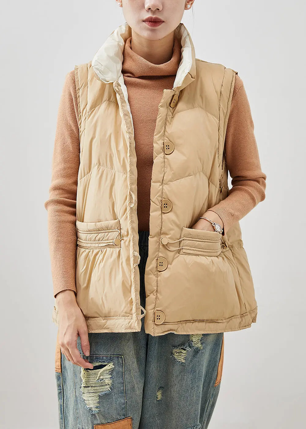 Italian Khaki Stand Collar Drawstring Duck Down Vest Tops Winter Ada Fashion