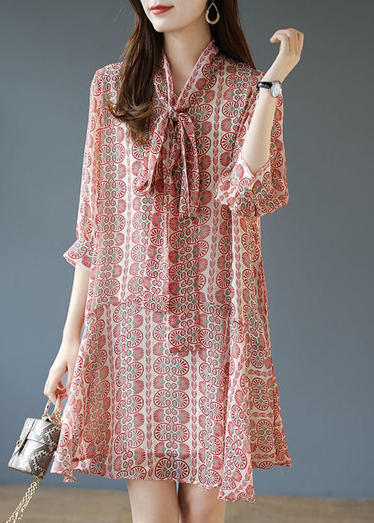 Italian Pink Bow Print Patchwork Chiffon Mid Dress Summer LY4620