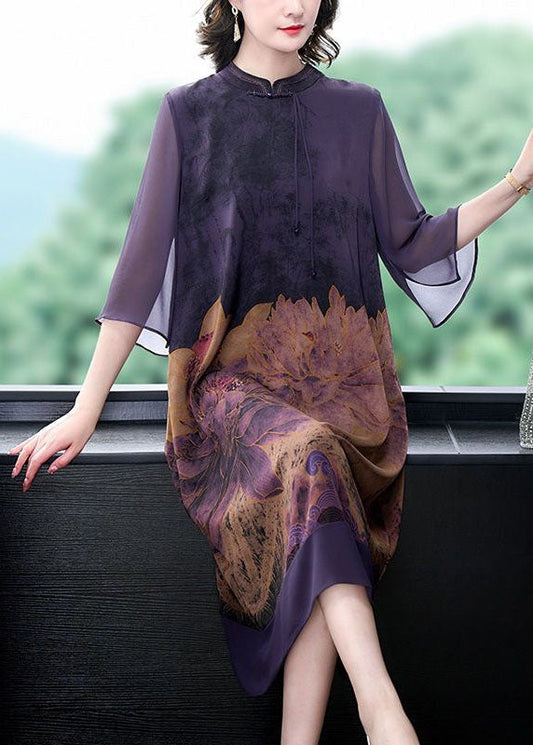 Italian Purple Stand Collar Tasseled Print Patchwork Silk Dress Summer LY4615