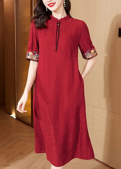 Italian Red Stand Collar Embroidered Maxi Dresses Short Sleeve Ada Fashion