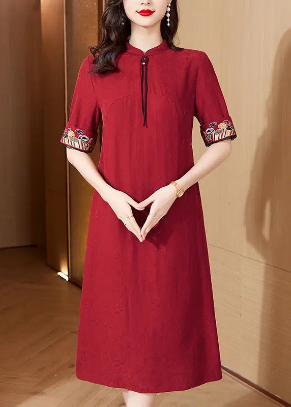 Italian Red Stand Collar Embroidered Maxi Dresses Short Sleeve Ada Fashion