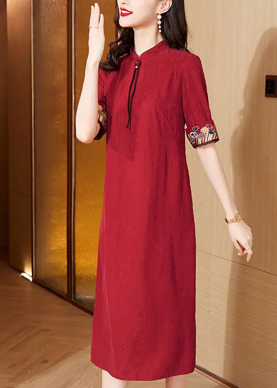 Italian Red Stand Collar Embroidered Maxi Dresses Short Sleeve Ada Fashion