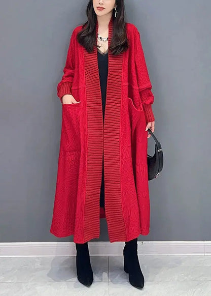 Italian Red V Neck Pockets Patchwork Knit Cardigan Fall Ada Fashion