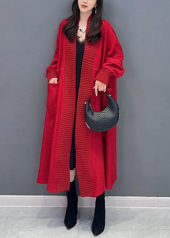 Italian Red V Neck Pockets Patchwork Knit Cardigan Fall Ada Fashion