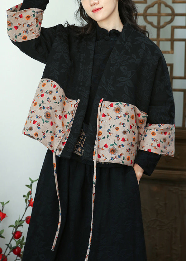 Jacquard Black Lace Up Print Cotton Filled Coat Fall Ada Fashion