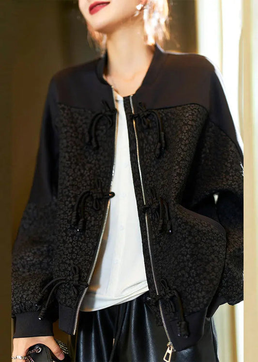 Jacquard Black O-Neck Zippered Pockets Coats Fall Ada Fashion
