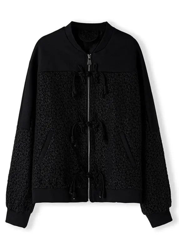 Jacquard Black O-Neck Zippered Pockets Coats Fall Ada Fashion