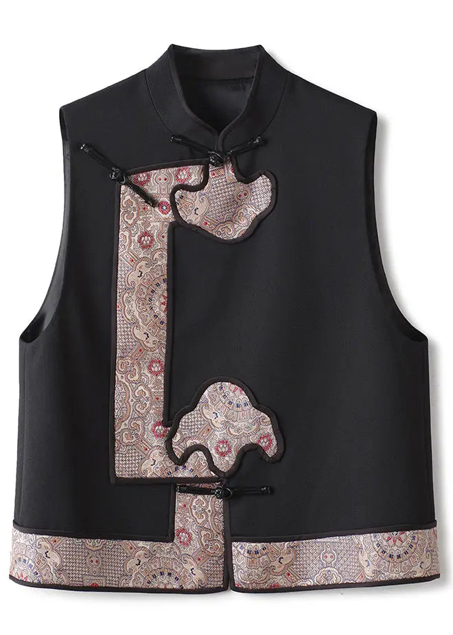 Jacquard Black Stand Collar Button Patchwork Woolen Waistcoat Fall Ada Fashion