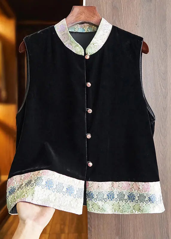 Jacquard Green Stand Collar Button Silk Velour Shirt Waistcoat Sleeveless Ada Fashion