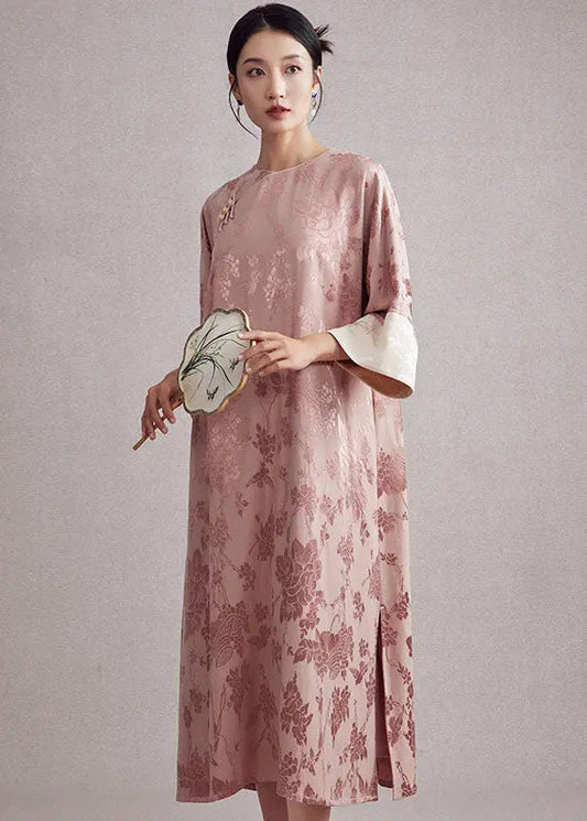 Jacquard Pink O-Neck Pockets Button Long Dresses Long Sleeve Ada Fashion