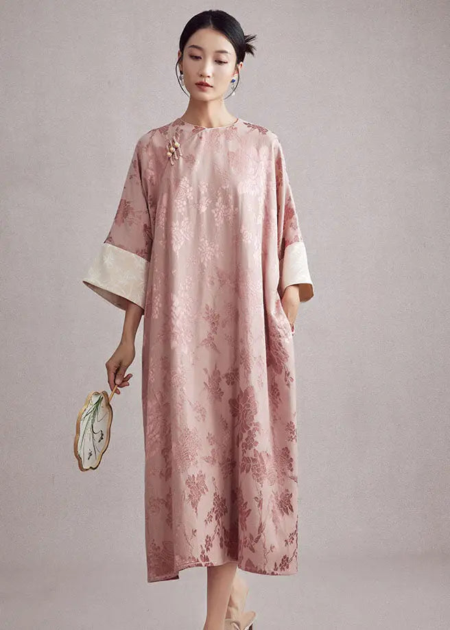 Jacquard Pink O-Neck Pockets Button Long Dresses Long Sleeve Ada Fashion