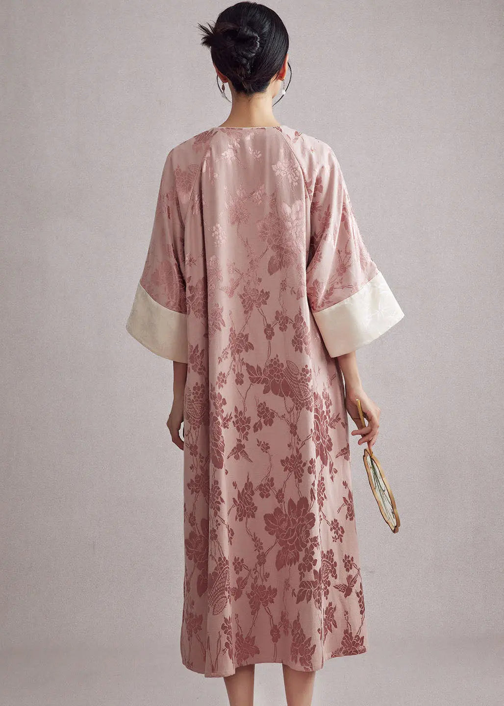 Jacquard Pink O-Neck Pockets Button Long Dresses Long Sleeve Ada Fashion