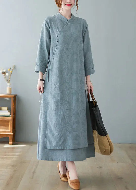 Jacquard Sky Blue Stand Collar Button Lace Up Cotton Long Dresses Fall Ada Fashion