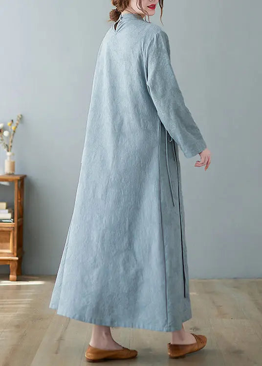 Jacquard Sky Blue Stand Collar Button Lace Up Cotton Long Dresses Fall Ada Fashion