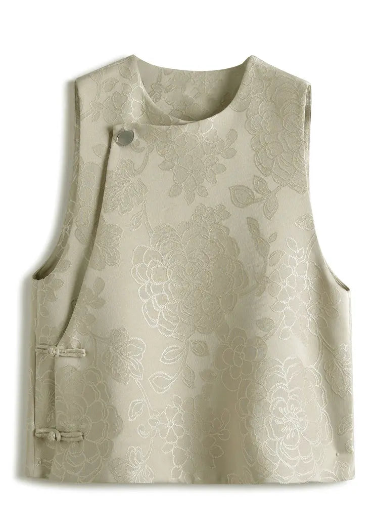 Jacquard White Tan O Neck Button Patchwork Silk Waistcoat Sleeveless Ada Fashion