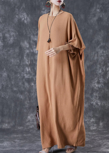 Khaki Cotton Holiday Dress Oversized Batwing Sleeve Ada Fashion