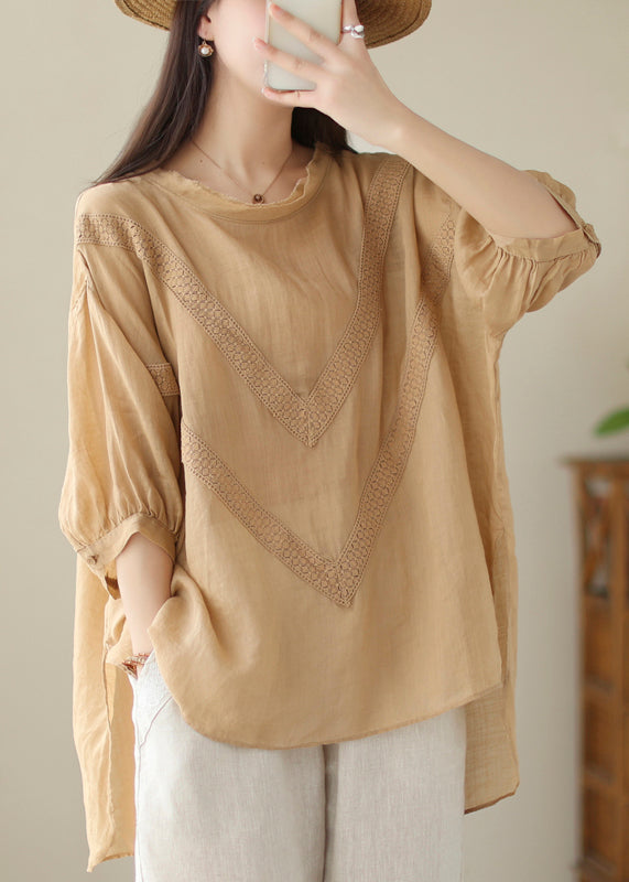 Khaki Patchwork Linen Shirt Oversized Low High Design Summer Ada Fashion