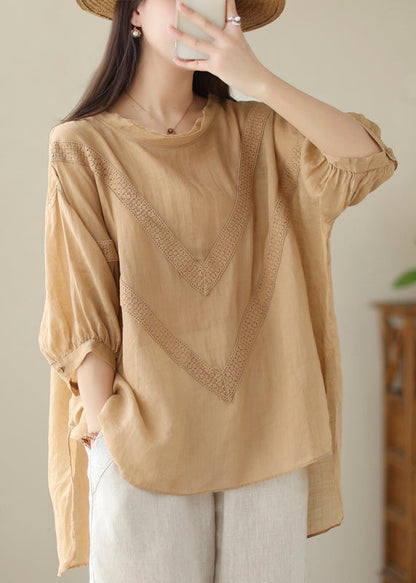 Khaki Patchwork Linen Shirt Oversized Low High Design Summer Ada Fashion