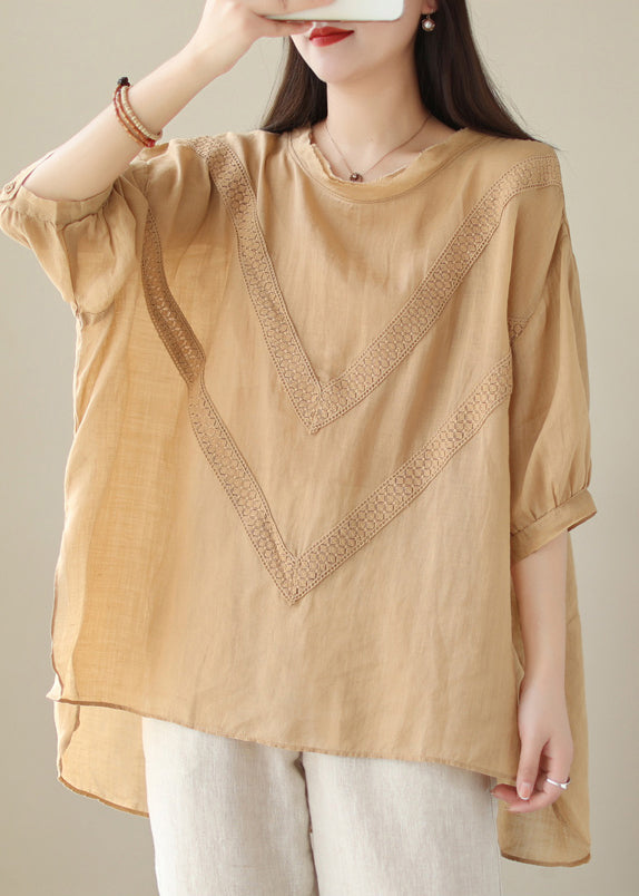 Khaki Patchwork Linen Shirt Oversized Low High Design Summer Ada Fashion