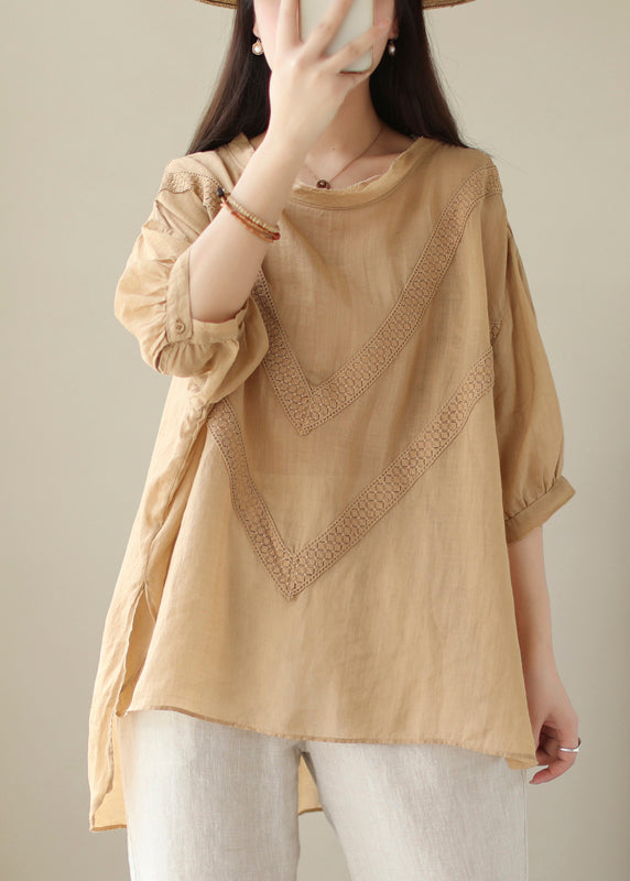 Khaki Patchwork Linen Shirt Oversized Low High Design Summer Ada Fashion