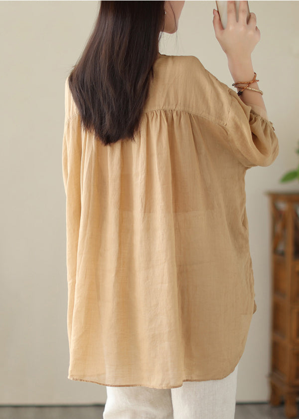 Khaki Patchwork Linen Shirt Oversized Low High Design Summer Ada Fashion
