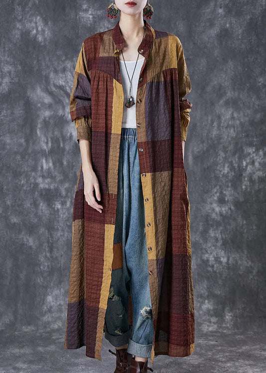 Khaki Plaid Linen Maxi Dresses Oversized Fall Ada Fashion