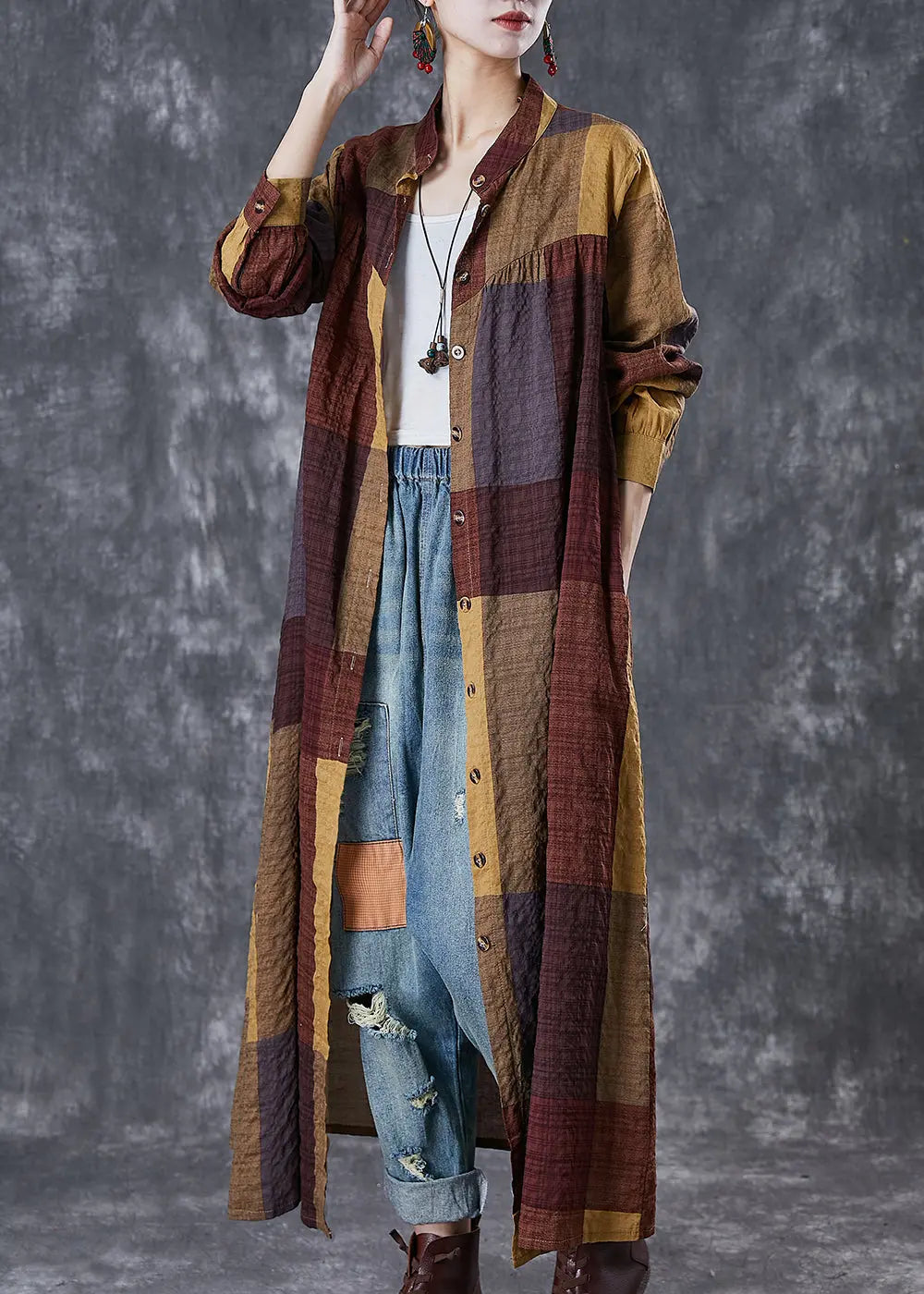 Khaki Plaid Linen Maxi Dresses Oversized Fall Ada Fashion