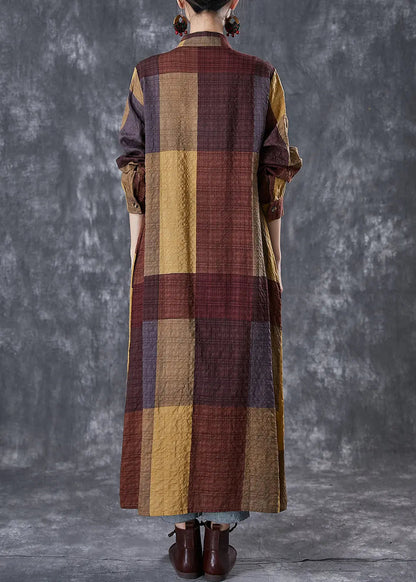 Khaki Plaid Linen Maxi Dresses Oversized Fall Ada Fashion