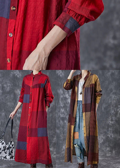 Khaki Plaid Linen Maxi Dresses Oversized Fall Ada Fashion