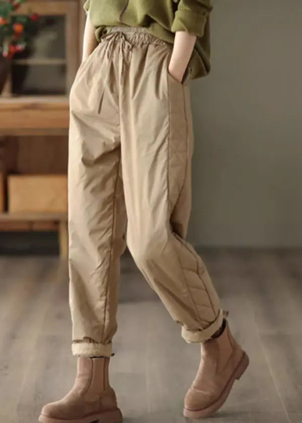 Khaki Pockets Patchwork Fine Cotton Filled Pants Elastic Waist Winter Ada Fashion