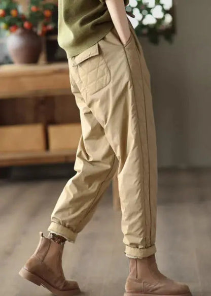 Khaki Pockets Patchwork Fine Cotton Filled Pants Elastic Waist Winter Ada Fashion