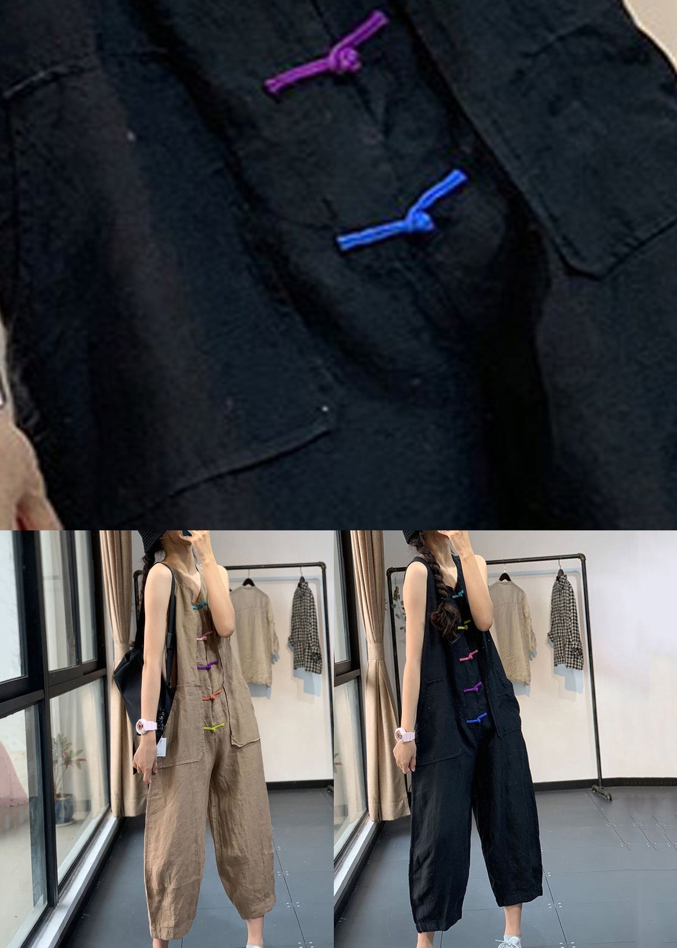 Khaki Pockets Patchwork Linen Jumpsuits Chinese Button Sleeveless Ada Fashion